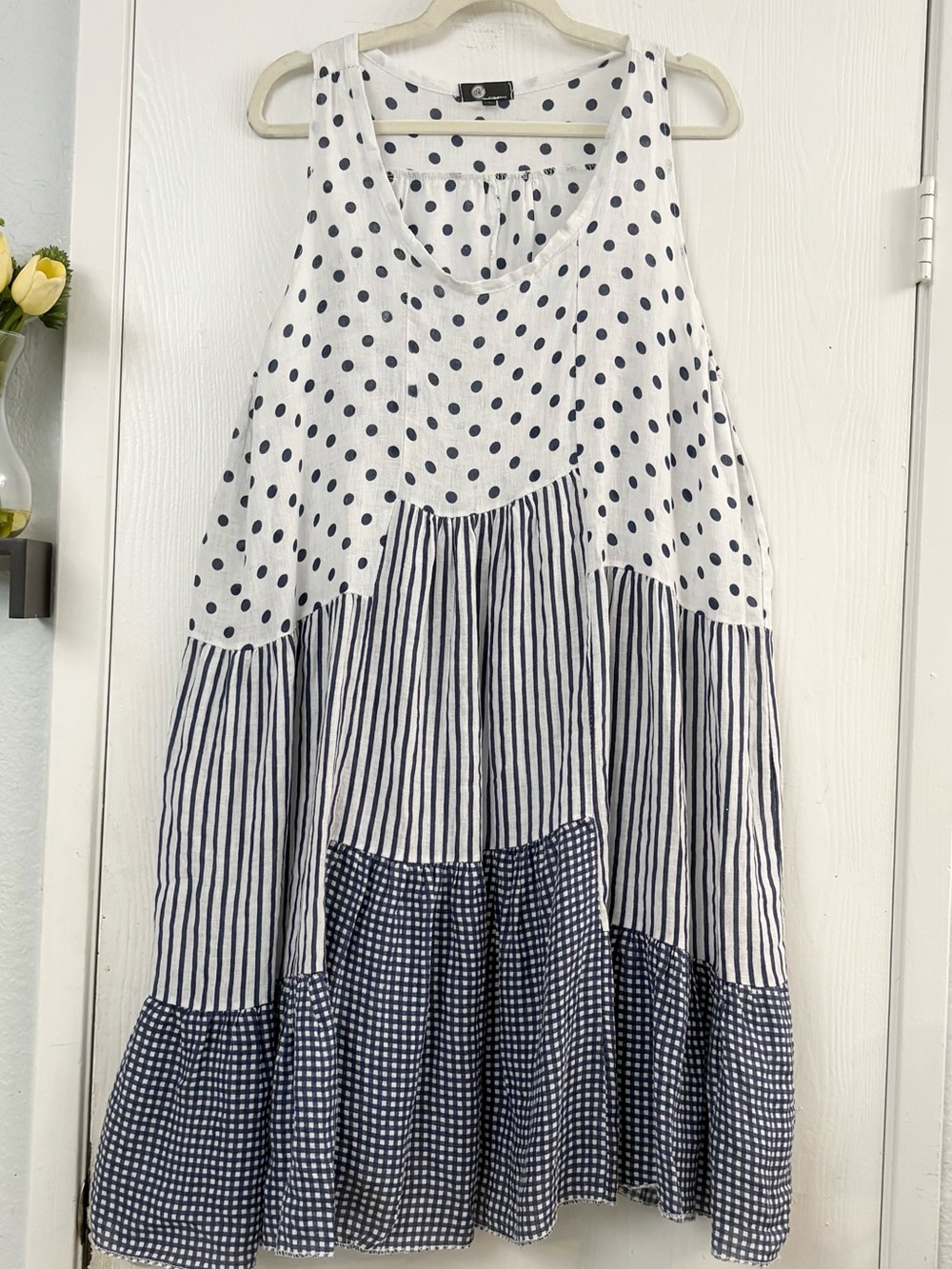 M Linen Oversized Polka Dot & Stripe Navy-White Tiered Midi Dress Size Small